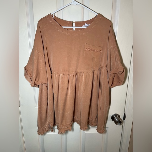 sewn & seen Tops - Sewn + Seen Washed Brown Babydoll Peplum Top Raw Hem Pocket Size L